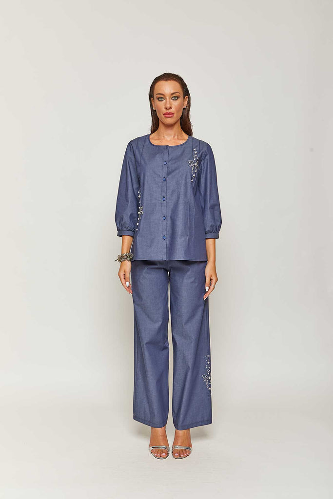 Camicetta in cotone elasticizzato manica 3/4 con ricamo strass e perle