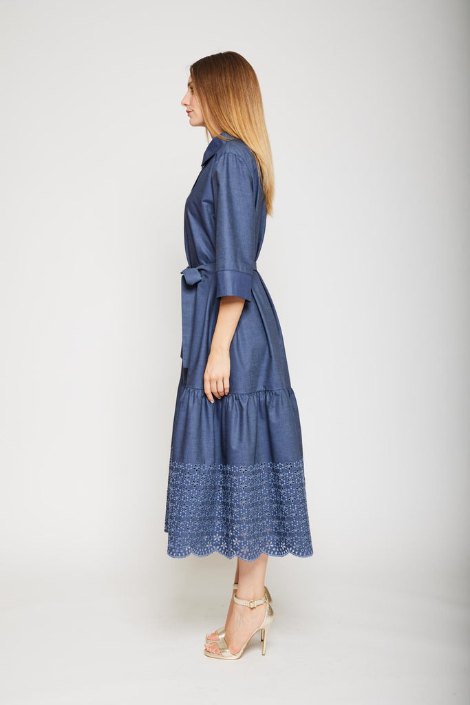 Abito lungo in chambray con sangallo