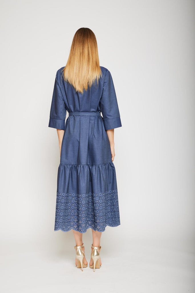 Abito lungo in chambray con sangallo
