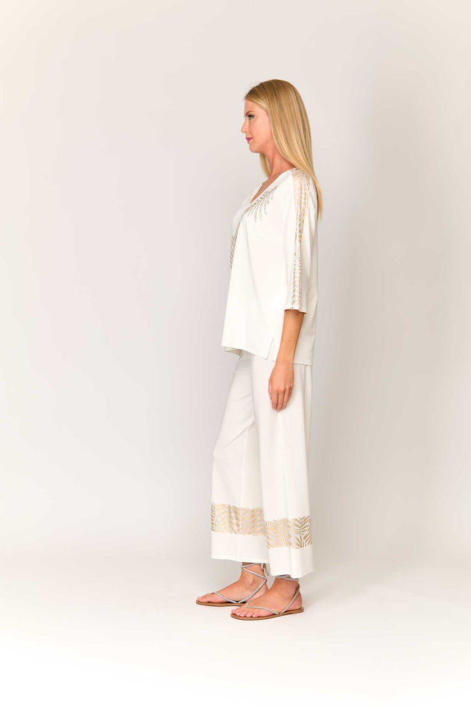 Completo in viscosa con inserti in tulle stampa oro