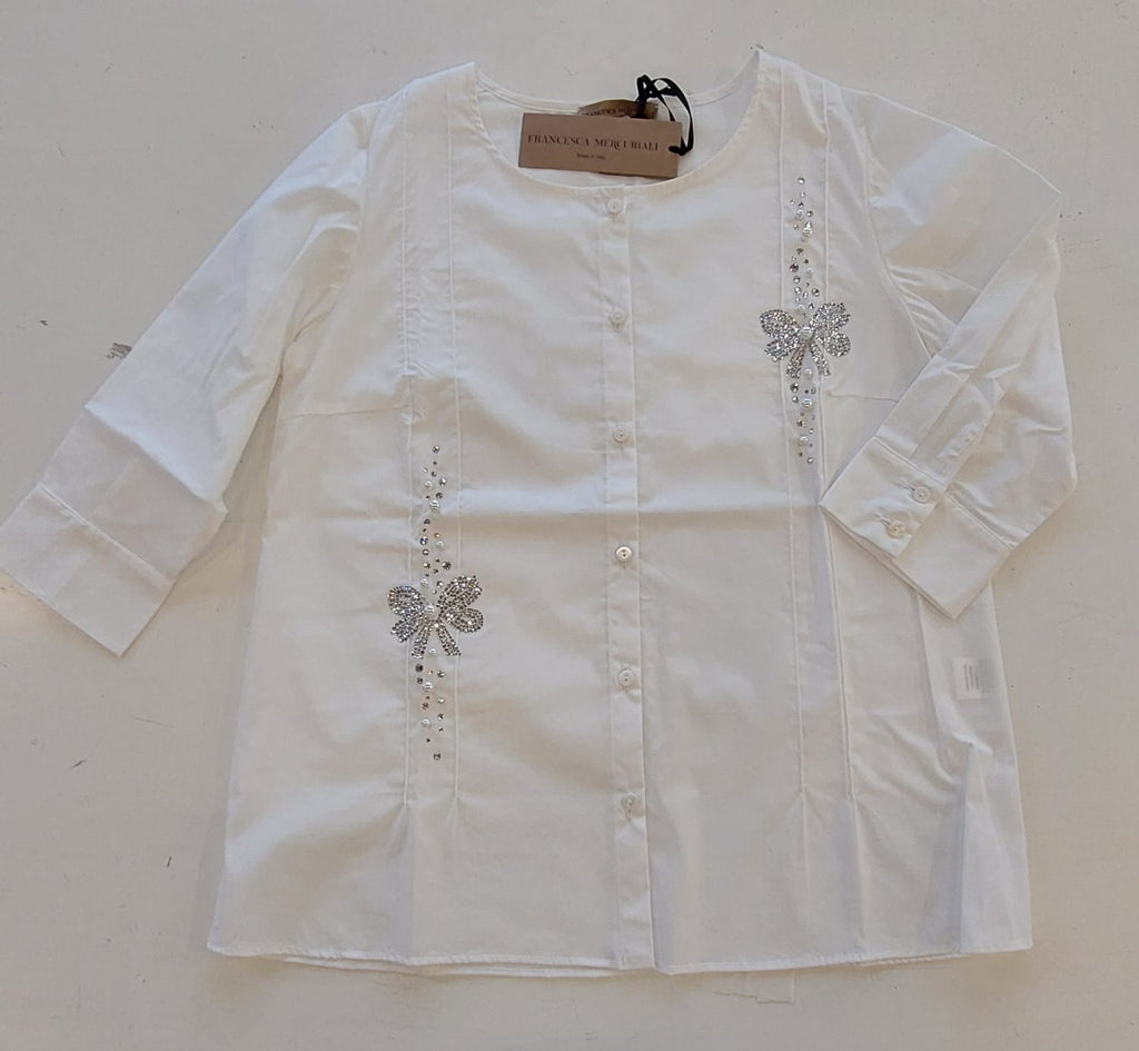 Camicetta in cotone elasticizzato manica 3/4 con ricamo strass e perle