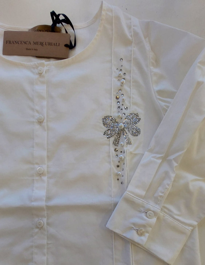 Camicetta in cotone elasticizzato manica 3/4 con ricamo strass e perle
