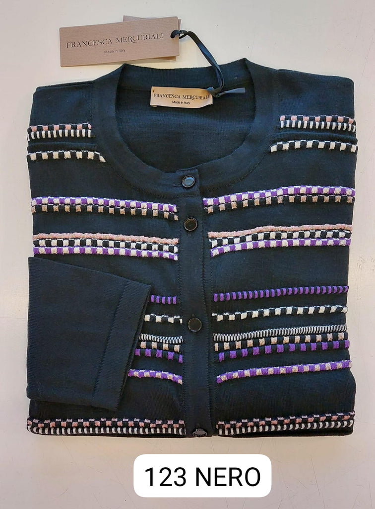 Coreana in pura lana con intarsio multicolor