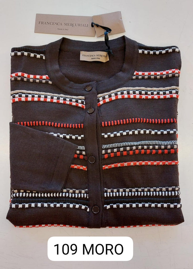 Coreana in pura lana con intarsio multicolor