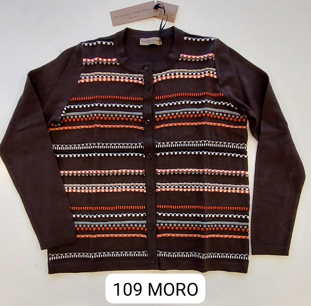 Coreana in pura lana con intarsio multicolor