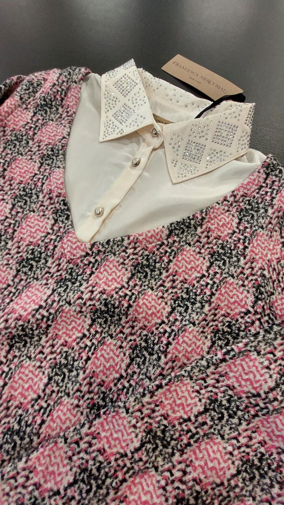 Abito jacquard misto lana con colletto in raso