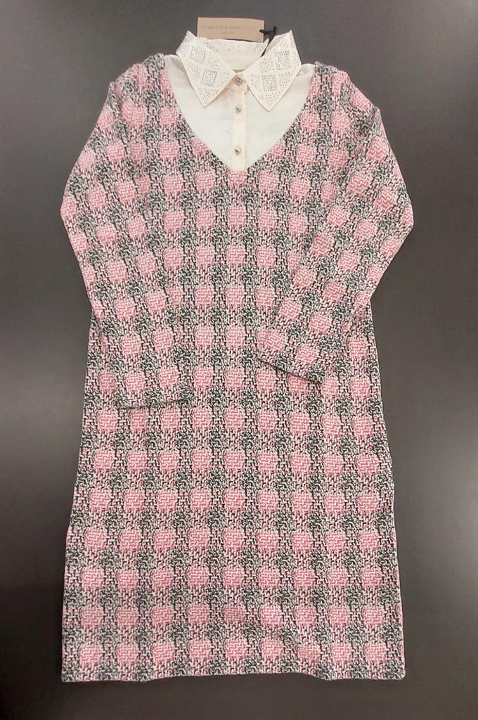 Abito jacquard misto lana con colletto in raso