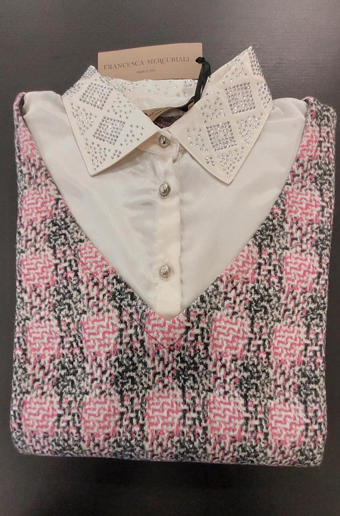 Abito jacquard misto lana con colletto in raso