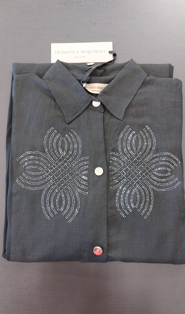 Abito lungo chemisier in lino con strass