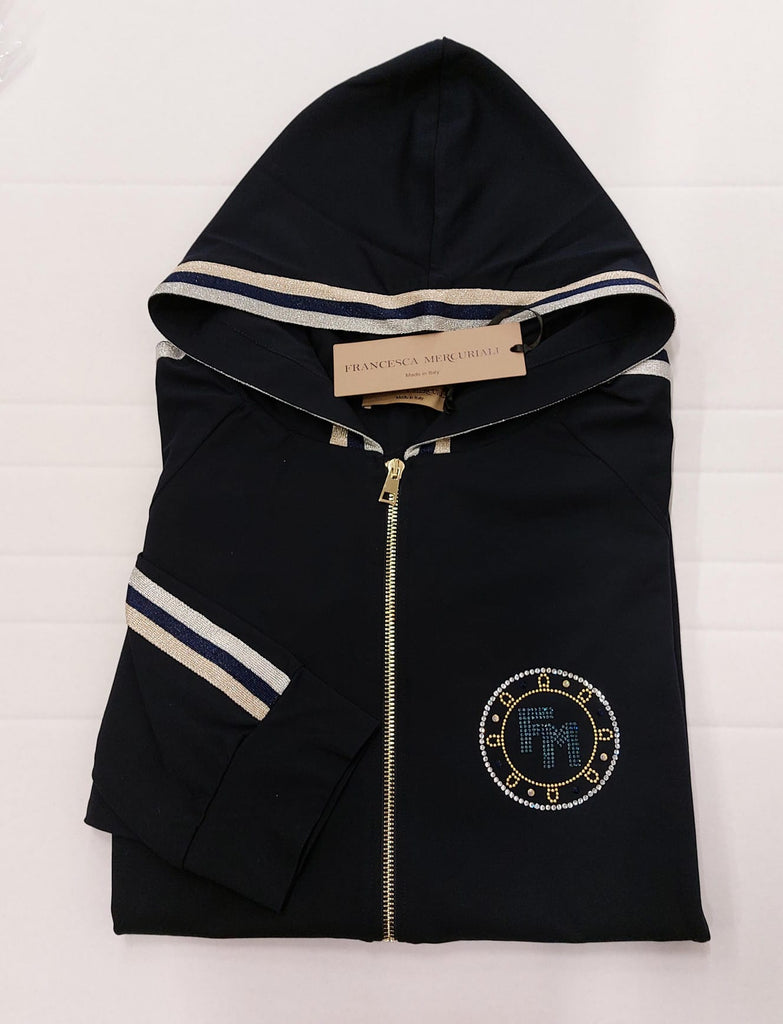 Giacca zip con cappuccio in punto milano leggero
