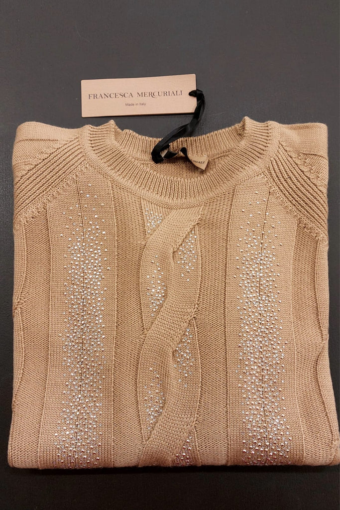 Maglia in pura lana motivo trecce e con strass
